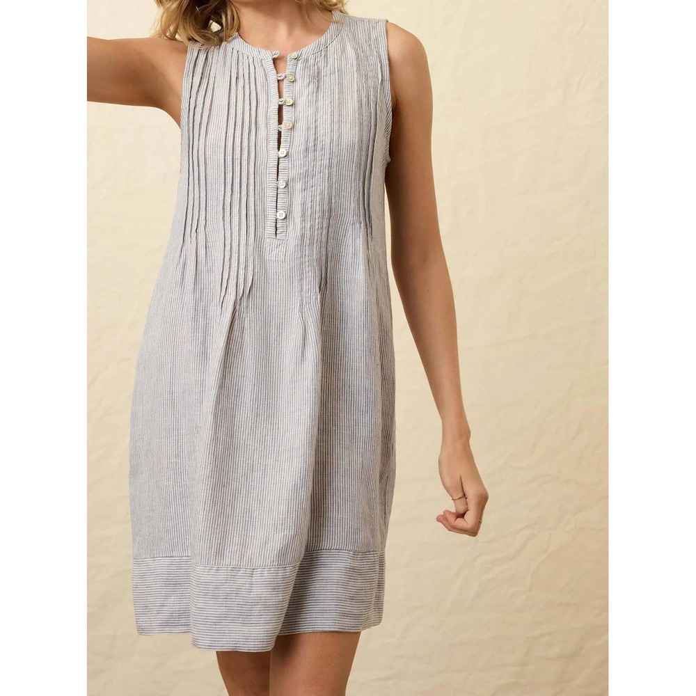 Faherty‎ Isha Linen Dress Women's Small Blue White Stripe Pintuck Pockets